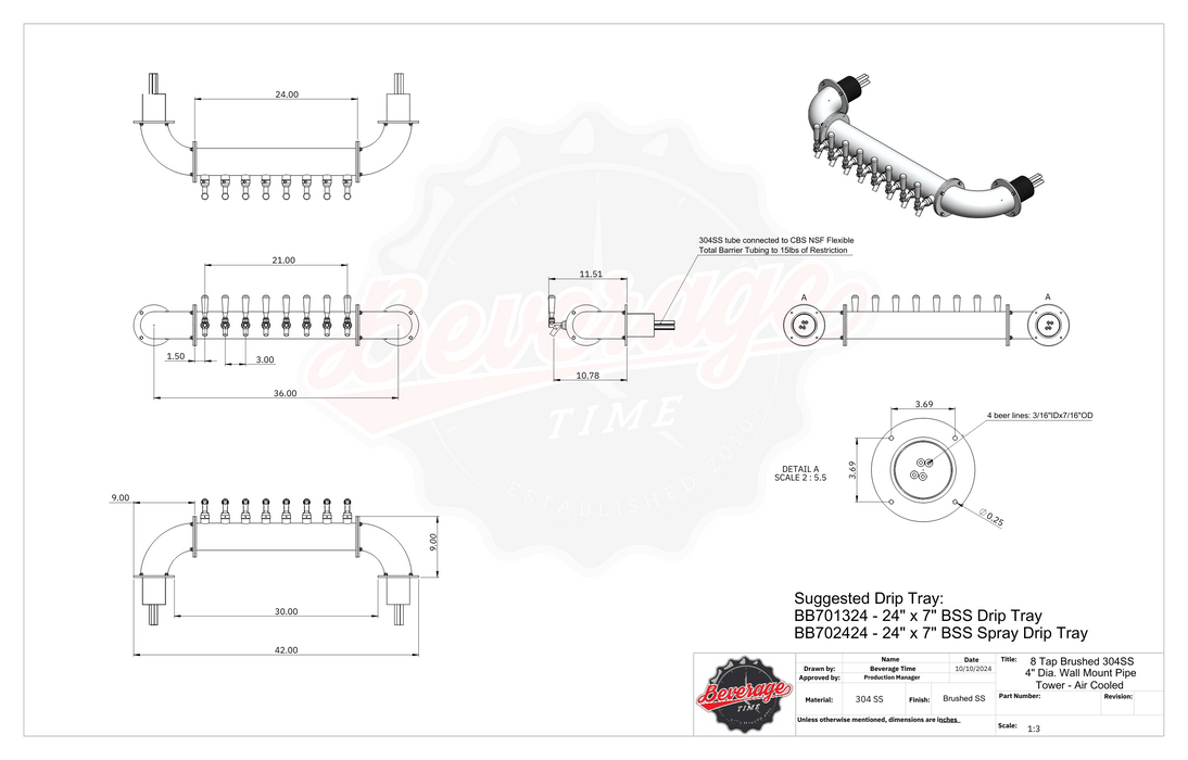 8 Tap Brushed 304SS 4" Dia. Wall Mount Pipe Tower - Glycol Cooled