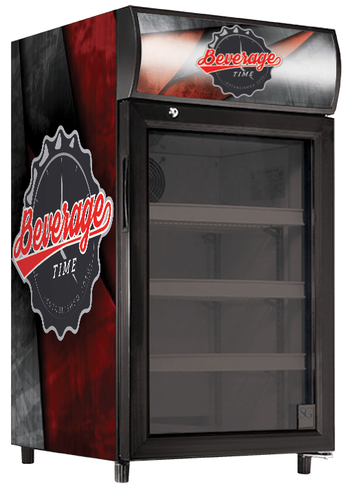 Vinyl Graphic Wraps on a Counter Top Glass Door Cooler - Beverage Time
