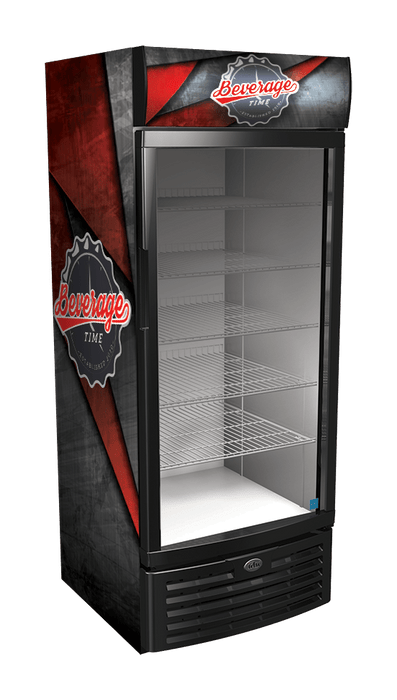Vinyl Graphic Wraps on an Upright Glass Door Cooler - Beverage Time