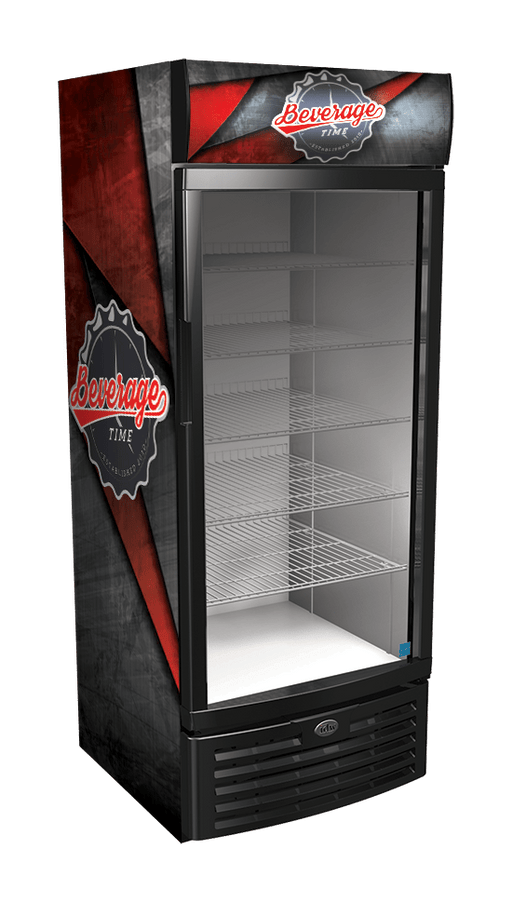Vinyl Graphic Wraps on an Upright Glass Door Cooler - Beverage Time