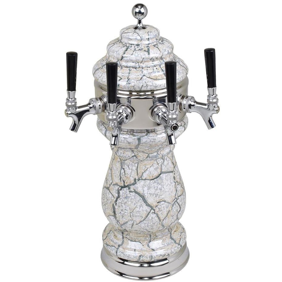 White Marble Ceramic 4 Tap Glycol Tower - Chrome Accents - Beverage Time