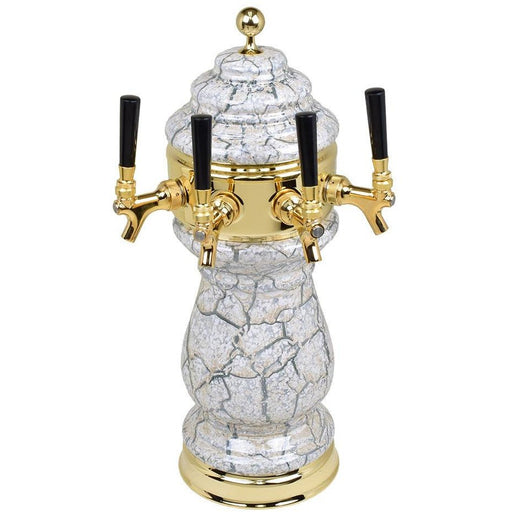 White Marble Ceramic 4 Tap Glycol Tower - Gold Accents - Beverage Time